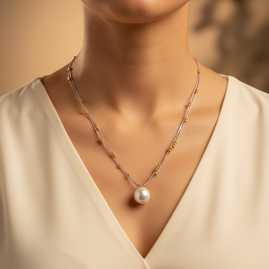 Rose Gold & Silver Plated Layered Necklace With Pearl Pendant
