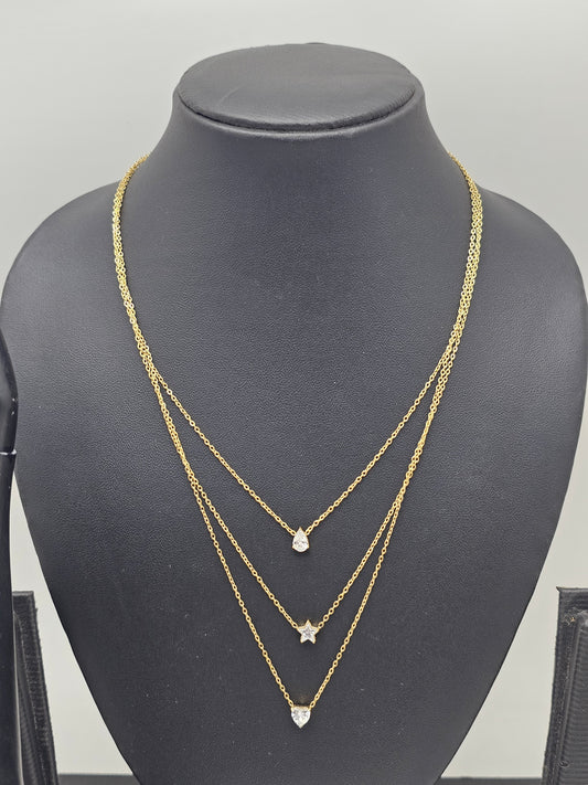 Gold Tone Triple Layer Necklace Featuring Teardrop,Star & Heart Shape Cubic zirconia pendent