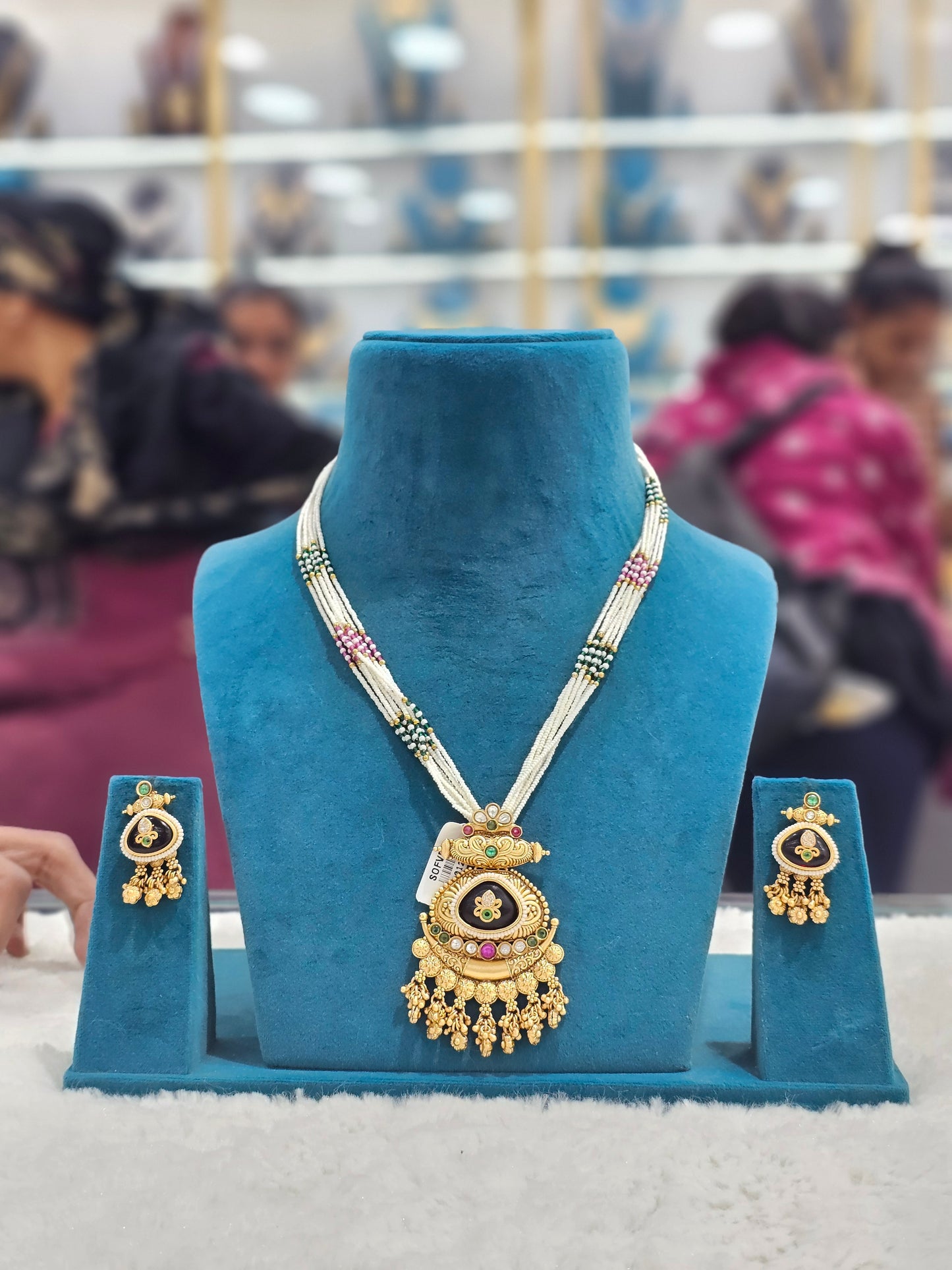 Royal Multi-Strand Pearl Temple Necklace Set with Black Enamel Pendant