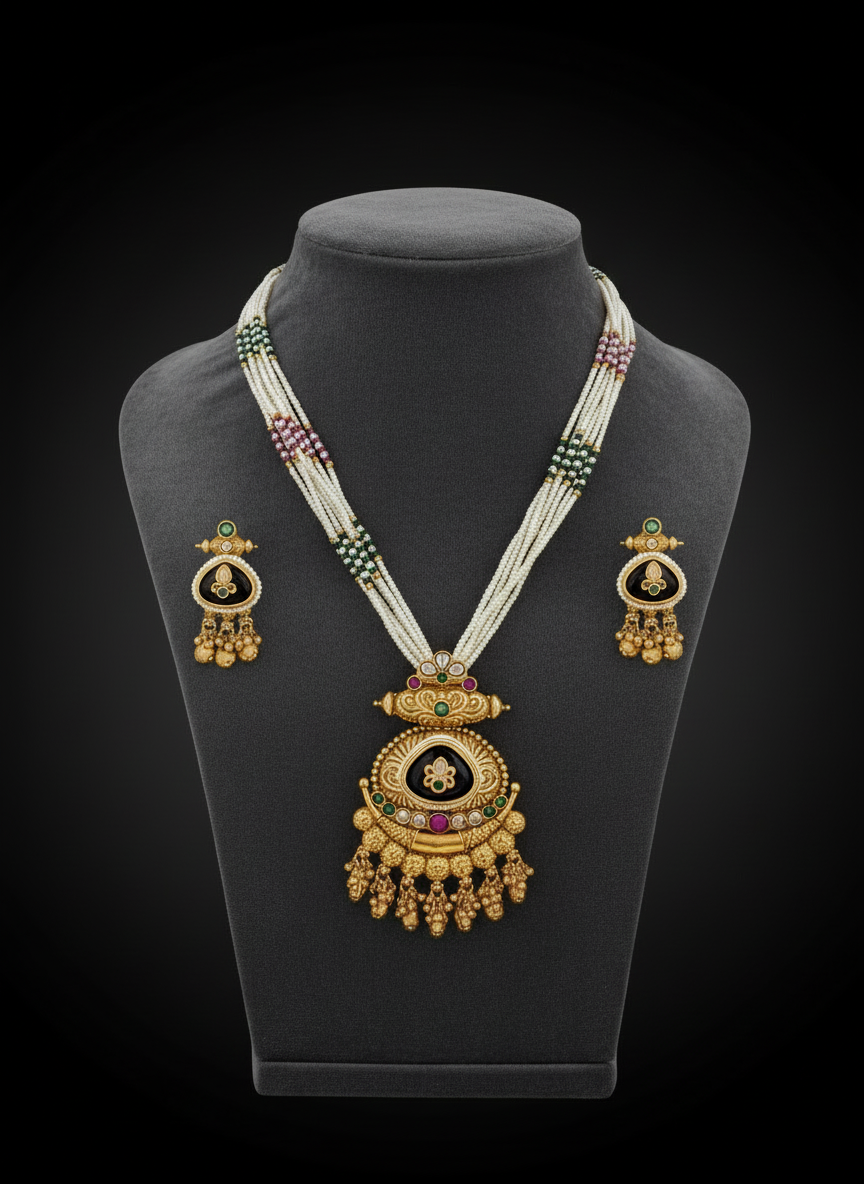 Royal Multi-Strand Pearl Temple Necklace Set with Black Enamel Pendant