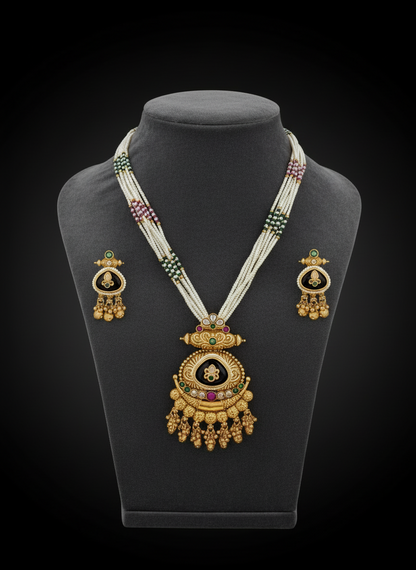 Royal Multi-Strand Pearl Temple Necklace Set with Black Enamel Pendant