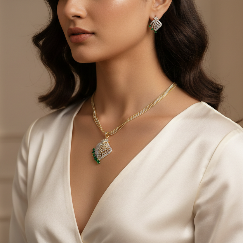 AD Square Dimond Pendent set with layer chain