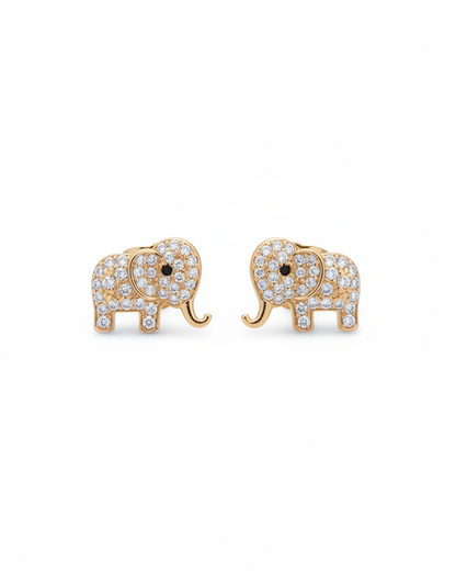 A pair of gold-plated elephant stud earrings fully encrusted with brilliant white cubic zirconia stones, displayed beautifully on a black fabric background.