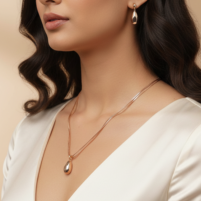 Rose Gold Teardrop Pendant Necklace Delicate Chain With Earrings