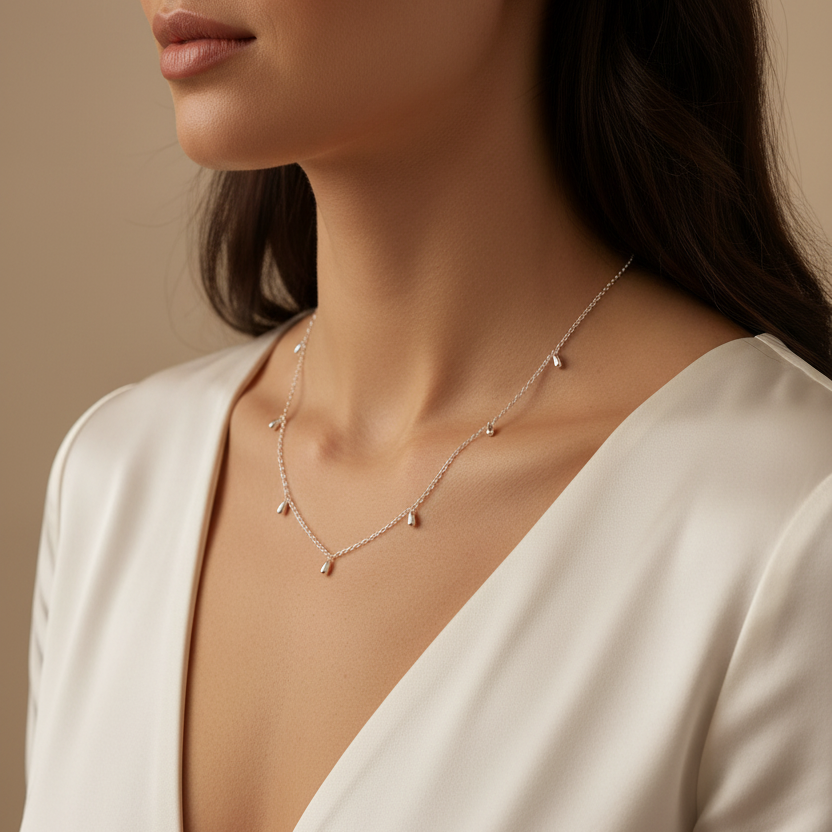 Sterling Silver Chain Necklace With Teardrop Charms