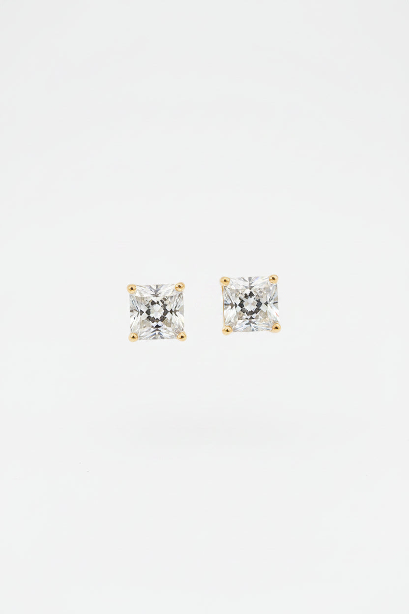 Classic Gold Plated Bold Princess Cut Stud Earrings - Prominent Square Solitaire Daily Wear Studs for Women