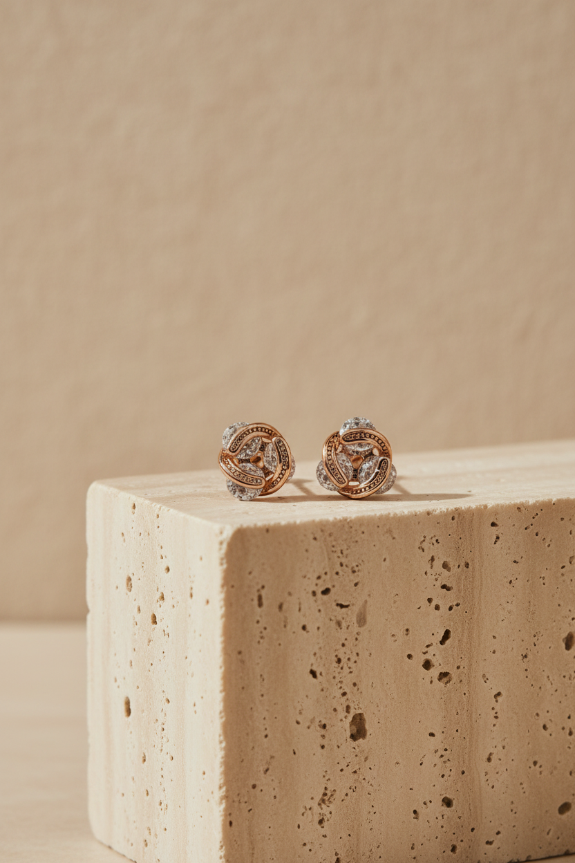 Rose Gold Interlocking Floral Stud Earrings - Everyday Wear Black Stone Studs for Women