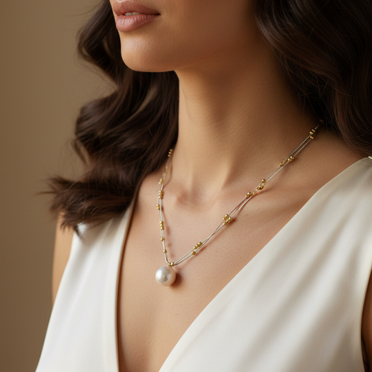 Rose Gold & Silver Plated Layered Necklace With Pearl Pendant