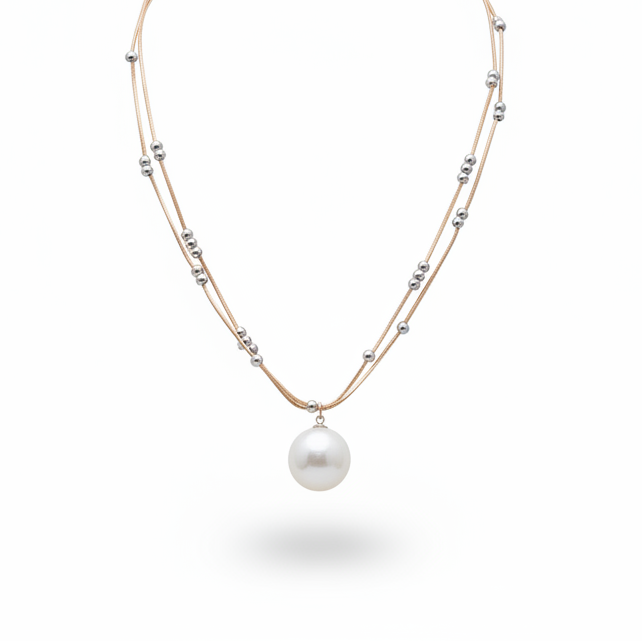 Rose Gold & Silver Plated Layered Necklace With Pearl Pendant