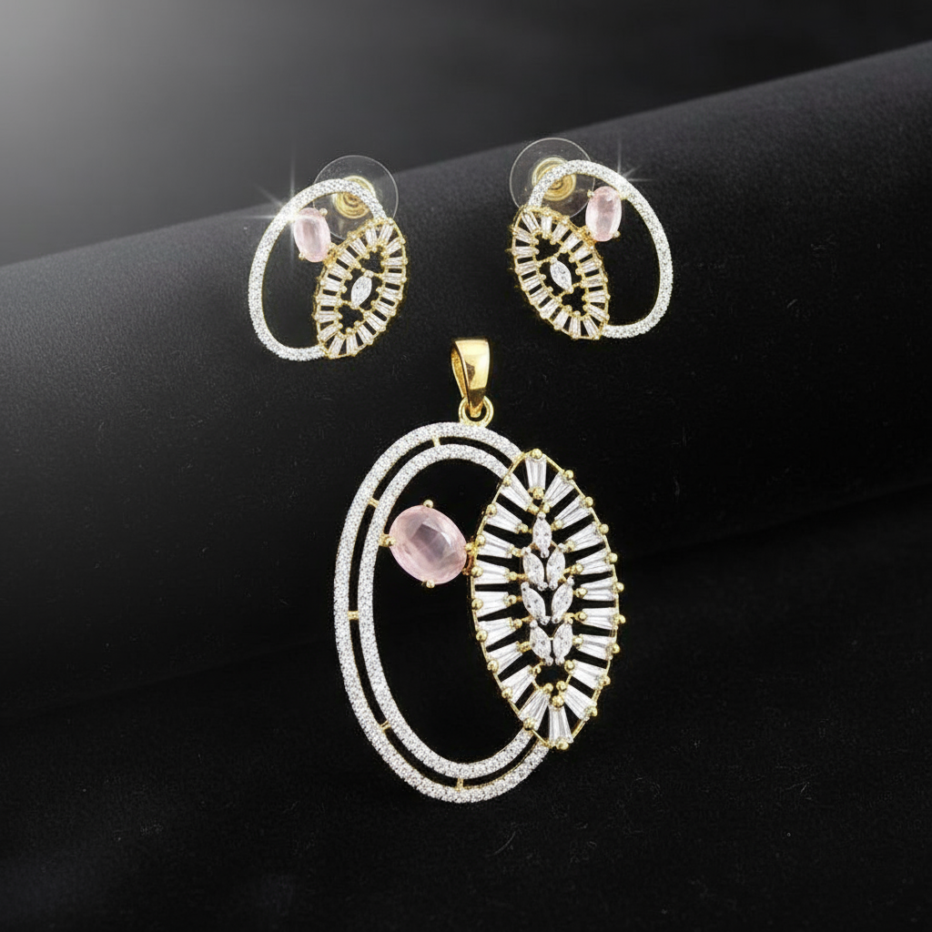 Pink Quartz Oval Cluster AD Pendant Set