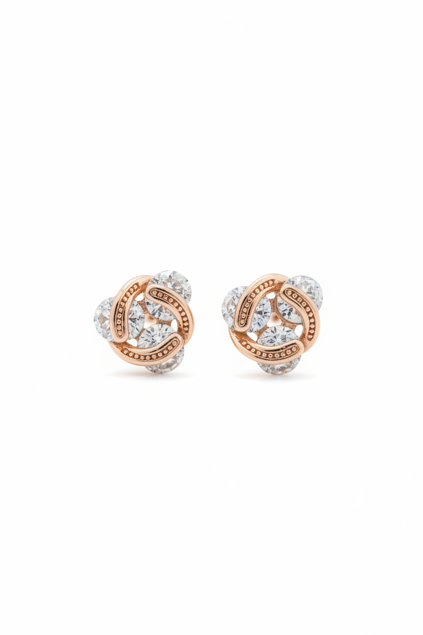 Rose Gold Interlocking Floral Stud Earrings - Everyday Wear Black Stone Studs for Women
