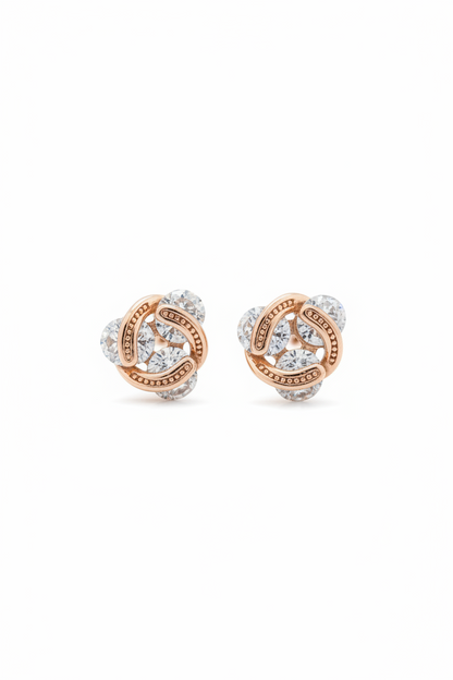 Rose Gold Interlocking Floral Stud Earrings - Everyday Wear Black Stone Studs for Women