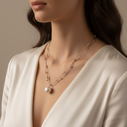 Rose Gold & Silver Plated Layered Necklace With Pearl Pendant