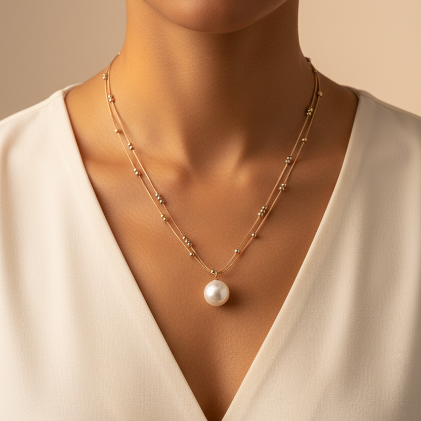 Rose Gold & Silver Plated Layered Necklace With Pearl Pendant