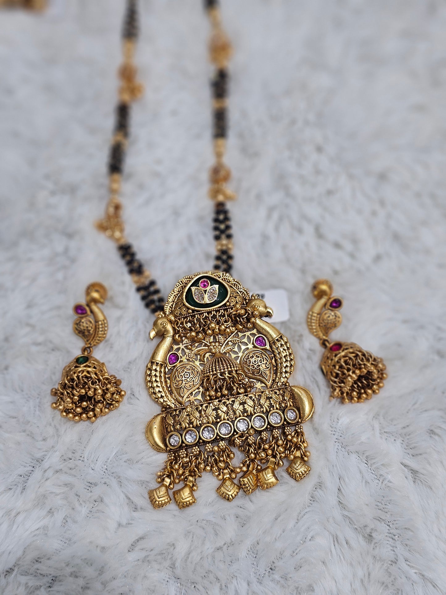 Antique Temple Peacock Mangalsutra Set with Ruby, Emerald and Cz Stones