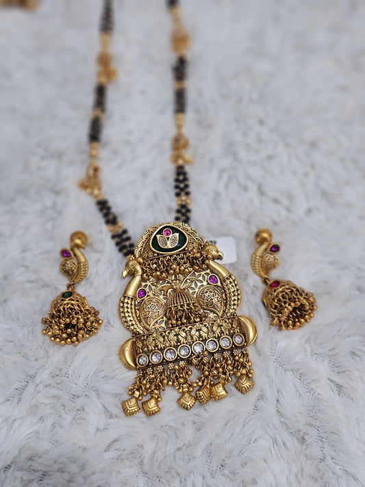 Antique Temple Peacock Mangalsutra Set with Ruby, Emerald and Cz Stones