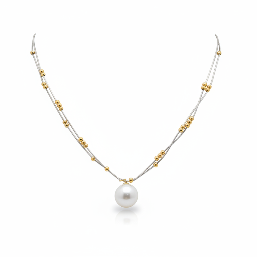Rose Gold & Silver Plated Layered Necklace With Pearl Pendant