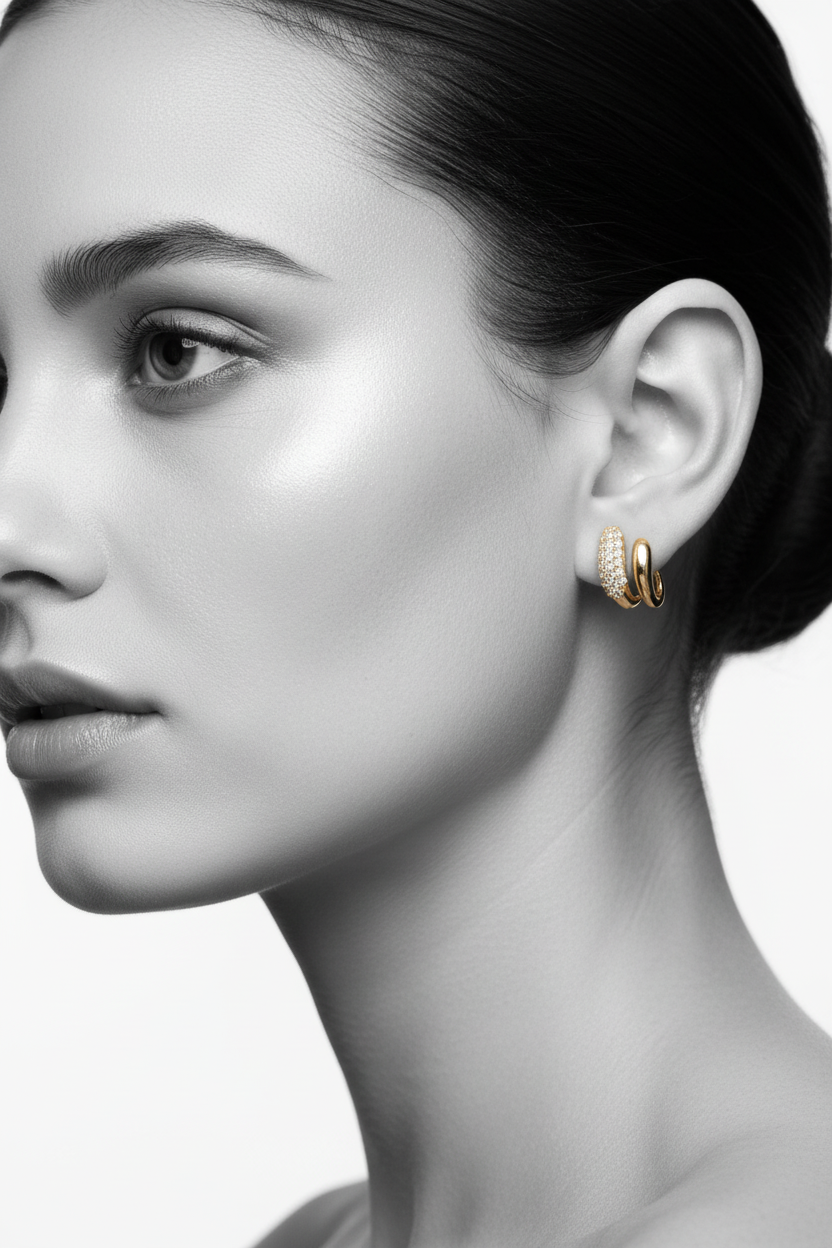 Gold Plated Dual Wave C-Cuff Stud Earrings - Sparkling Multi-Row Stone Embedded Wrap Earrings for Women