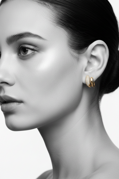 Gold Plated Dual Wave C-Cuff Stud Earrings - Sparkling Multi-Row Stone Embedded Wrap Earrings for Women