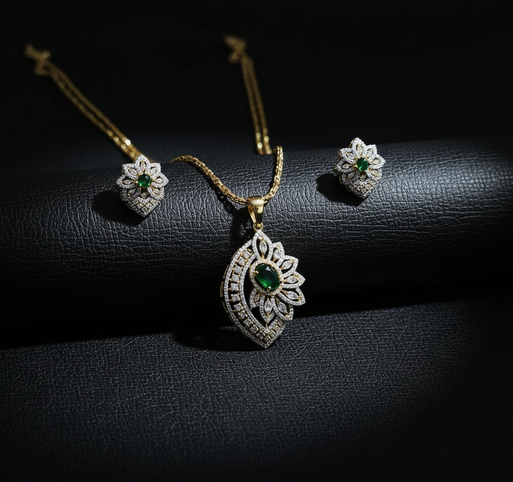 Green Stone golden pendant set ith 3 layer chain