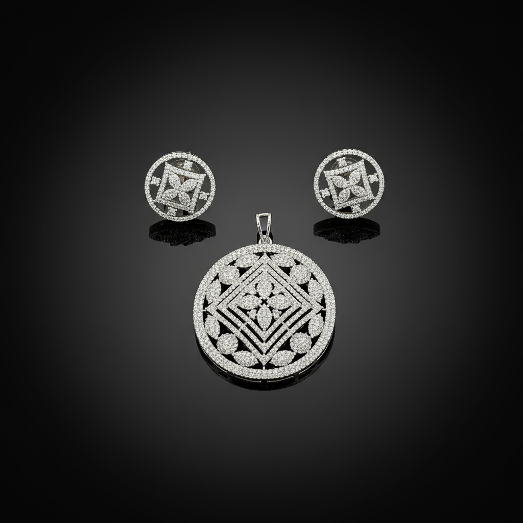 Circular Floral Mandala AD Pendant Set