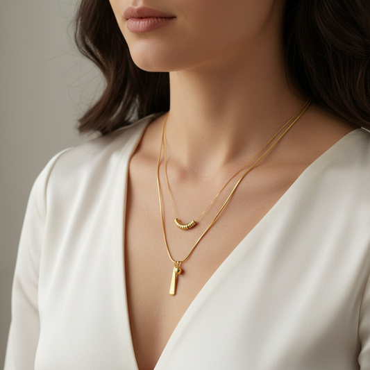 Gold Tone Layered Necklace With Ring Bead Strand