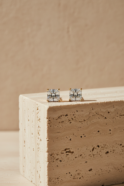 Classic Gold Plated Bold Princess Cut Stud Earrings - Prominent Square Solitaire Daily Wear Studs for Women