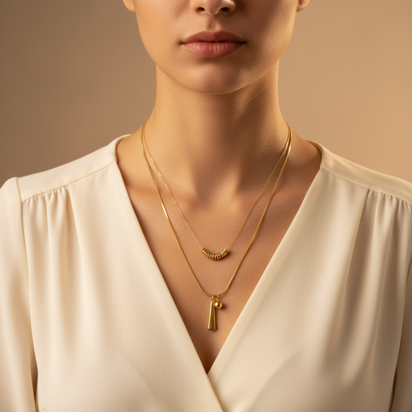 Gold Tone Layered Necklace With Ring Bead Strand