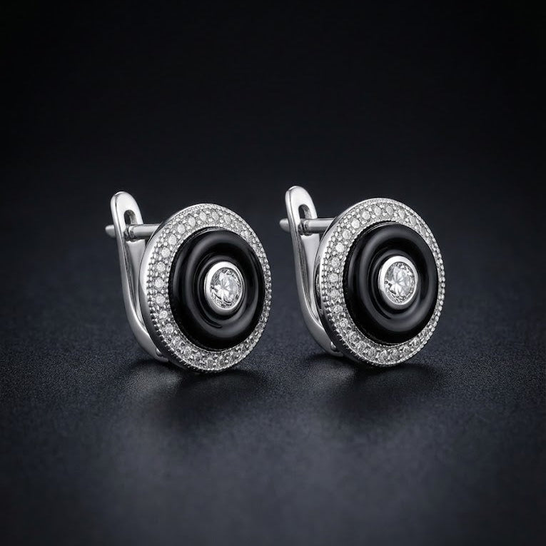 Elegant Black & Silver Circle Stud Earrings with Crystal Finish