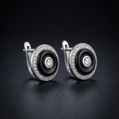 Elegant Black & Silver Circle Stud Earrings with Crystal Finish