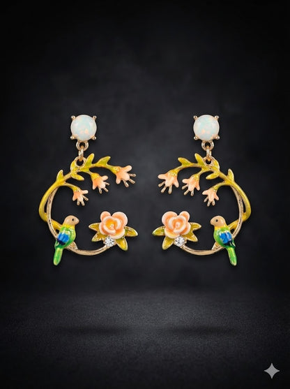 Floral Bird Hoop Earrings with Opal Stud