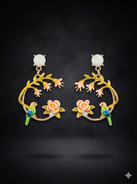 Floral Bird Hoop Earrings with Opal Stud