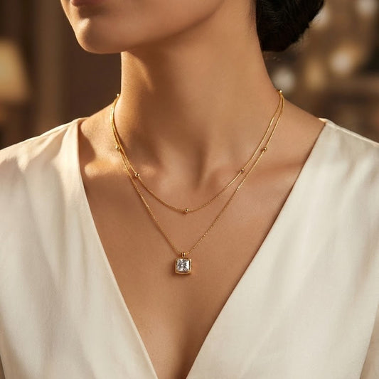 Gold Plated Double layered Necklace With Stone Pendant
