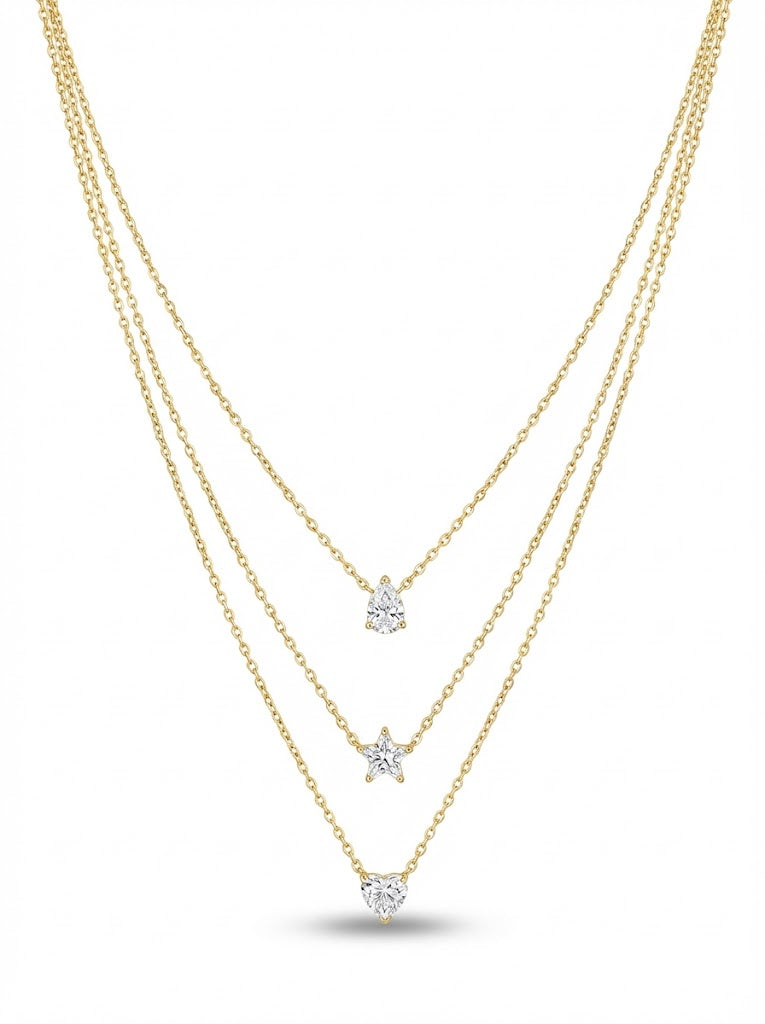 Gold Tone Triple Layer Necklace Featuring Teardrop,Star & Heart Shape Cubic zirconia pendent
