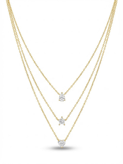 Gold Tone Triple Layer Necklace Featuring Teardrop,Star & Heart Shape Cubic zirconia pendent