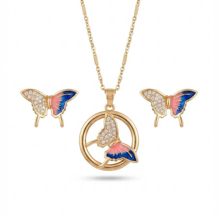 Butterfly-themed gold necklace and earrings on a white background