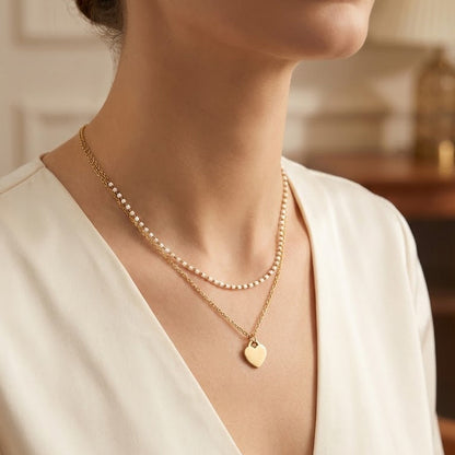 Gold Plated Double layered stainless steel Necklace With heart Pendant