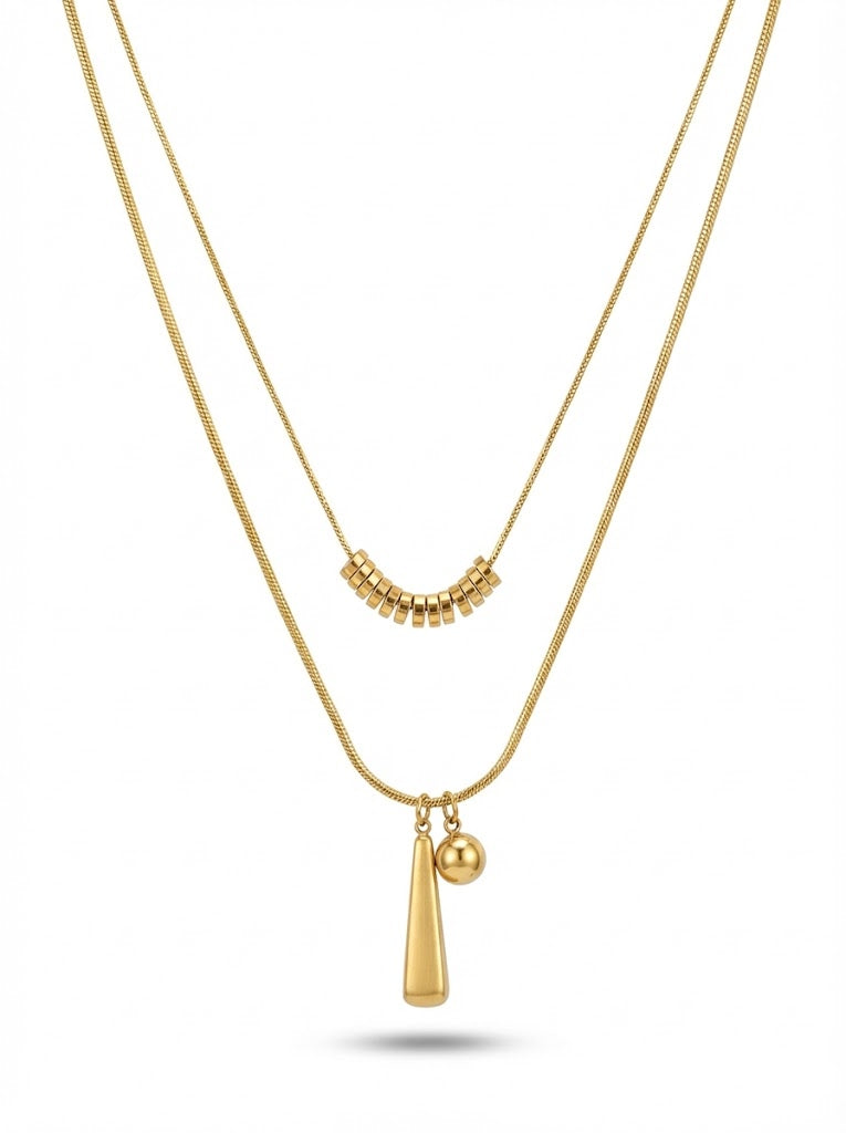 Gold Tone Layered Necklace With Ring Bead Strand