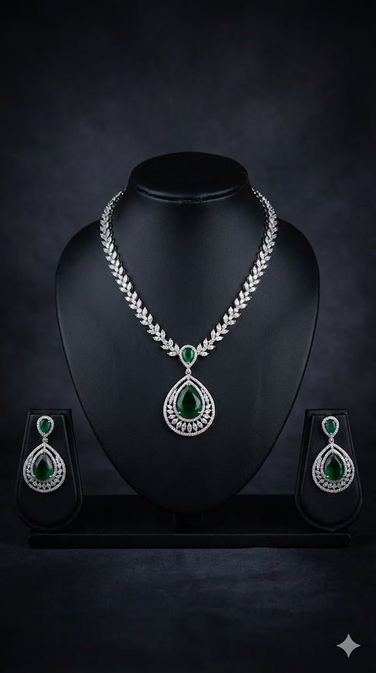 Emerald Teardrop Diamond Necklace Set – Luxury Bridal Jewelry | Code 12582